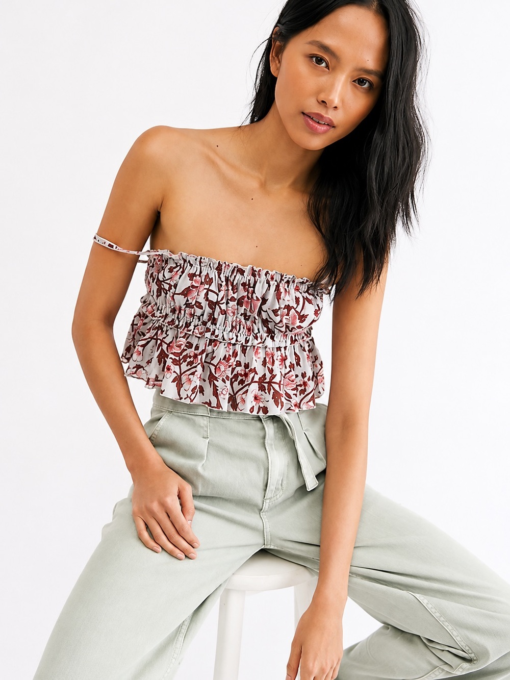 Free People One Floral Smocked Ruffle Crop Top – Size S/P
